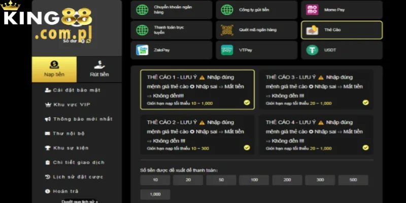 Nạp tiền vào nền tảng King88 bằng thẻ cào an toàn